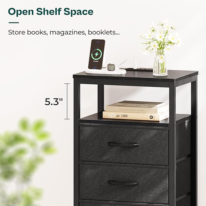 Huuger Nightstands Set of 2, 27.6 Inch End Tables with Charging Station, Bed Side Tables with Fabric Drawers, USB Port and Outlet, Night Stands for Bedroom, Black