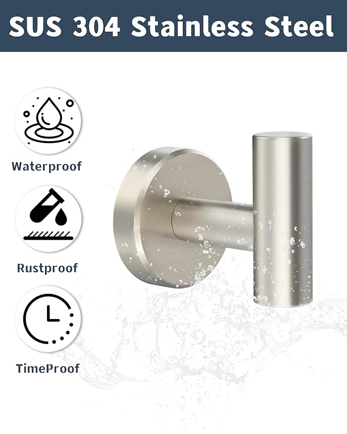 Brushed Nickel Towel Hook, Coat Robe Clothes Hook for Kitchen Garage Wall Mounted 2 Pack, 304 Stainless Steel, Heavy Duty Door Hanger, Cabinet Closet Wall Hook for Hotel Pool(Brushed Nickel)