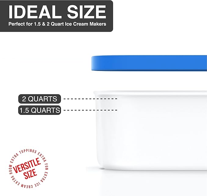 Ice Cream Containers - 2 Quart Ea. (Set of 2) - Premium Reusable Freezer Storage for Homemade Ice Cream Tub for Sorbet, Frozen Yogurt - Flexible Silicone Lids, Long Scoop, Stackable - Blue & Red
