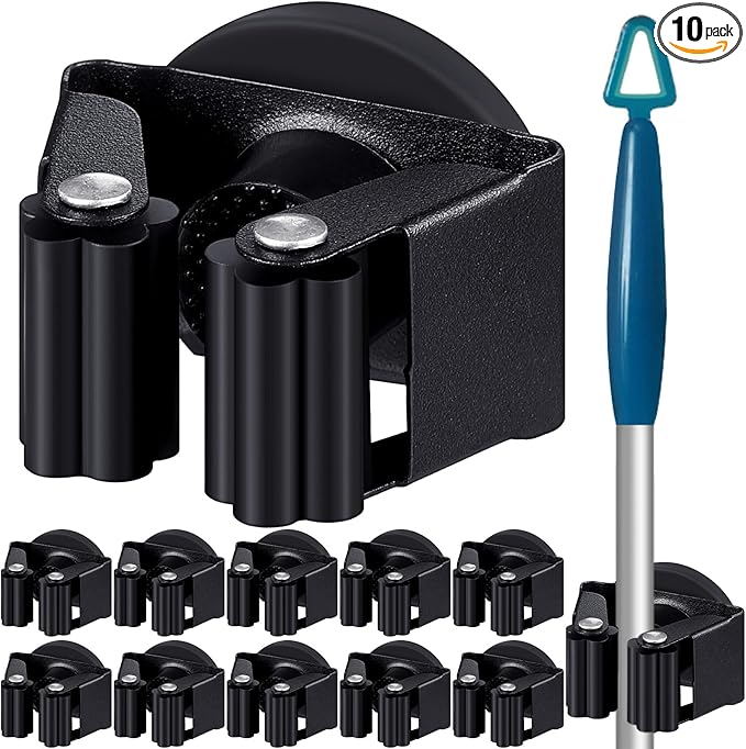 10 Pcs Magnetic Mop Broom Holder Movable Magnetic Broom Holder Rack, Anti Slip Wall Mounted Utility for Cleaning Tools, Garage, Kitchen, Laundry, Garden (Black)