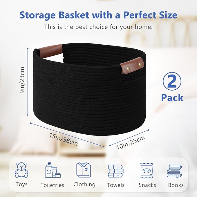 Cotton Rope Basket, Storage Baskets with Handle, 15x10x9 Inch Woven Basket for Shelves, Laundry, Towels, Clothes, Books, Toys (Black 2Pack)-NeatNest