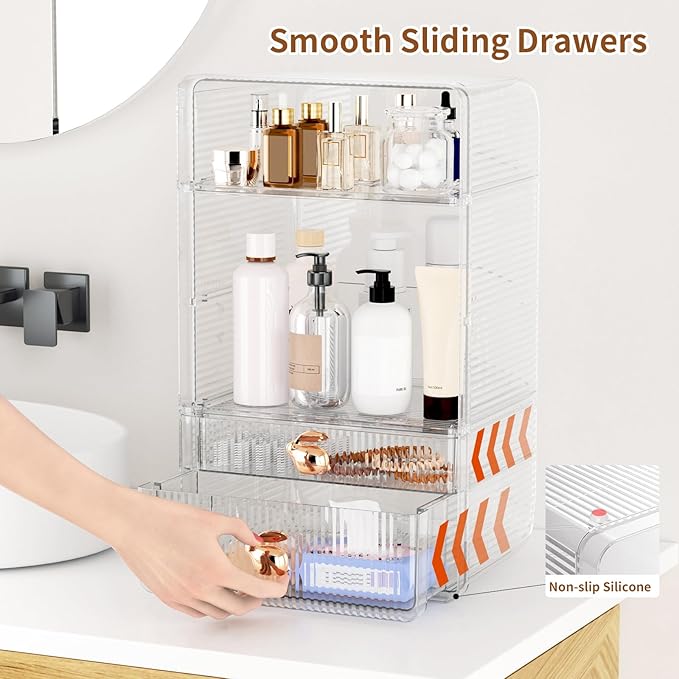 Large Makeup Organizer Countertop with 2 Drawers, Adjustable Tier Height, Bathroom Storage and Organization, Clear Vanity Shelves for Cosmetics Skincare Jewelry Dresser Bedroom Pantry