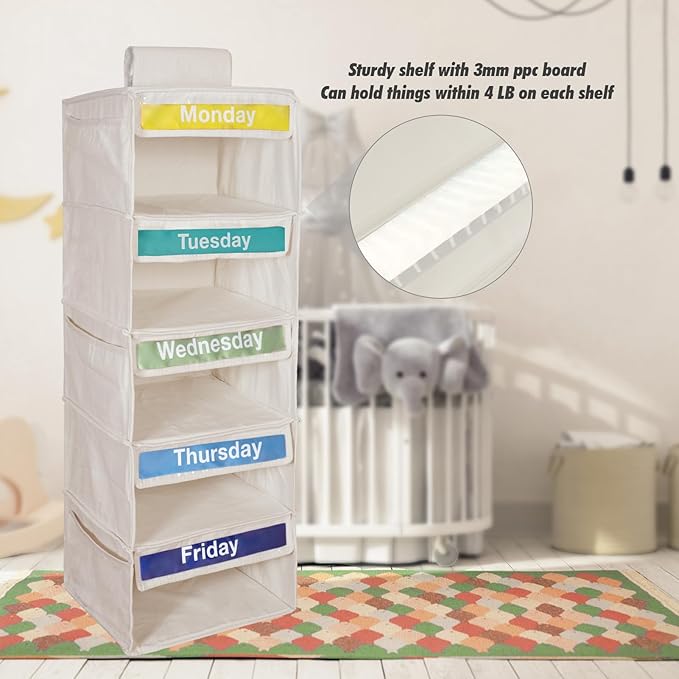 Weekly Clothes Organizer for Kids-Day of The Week Clothes Organizer for Kids-Kids Daily Clothes Organizer-Monday Friday Clothes Organizer-Kids Closet Organizer (Warm white)-NeatNest
