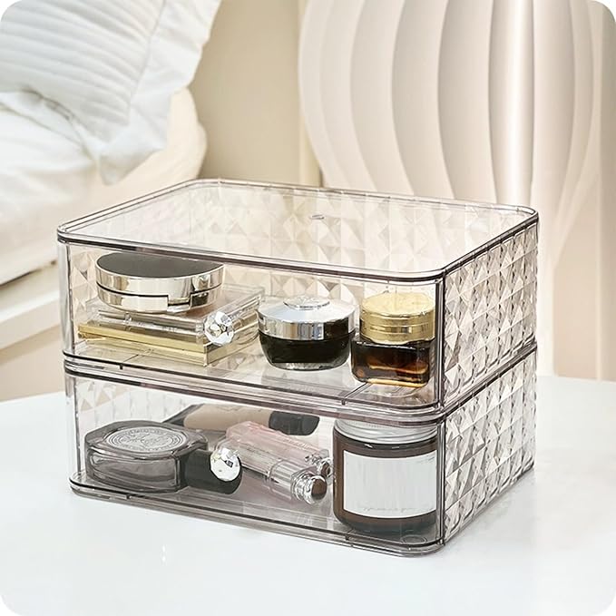 Stackable Clear Makeup Organizer Cosmetic Storage Box, Makeup Display Cases Skincare Organizer, Plastic Makeup Holder for Vanity, Bathroom, Cabinet, Desk Countertop (B)