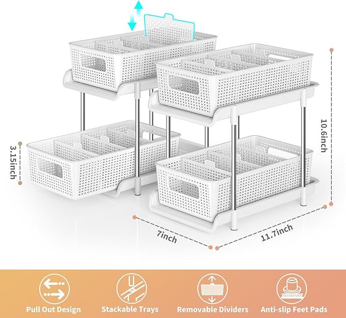 Bathroom Organizer with Dividers, 2Pcs 2 Tier Stackable Under Sink Organizers and Storage Cabinet Organizers for Bathroom Kitchen Pantry Organization and Storage, Medicine Cabinet Organizer