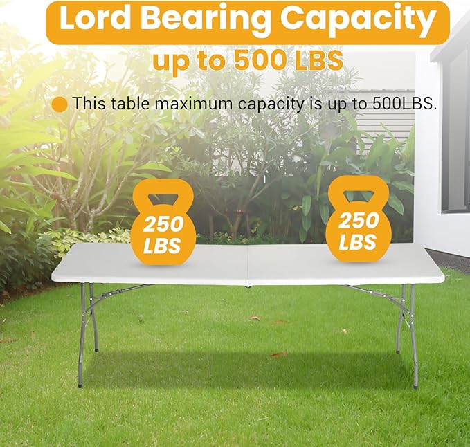 FDW 6FT Folding Picnic Table for Outdoor, Portable Fold-in-Half Plastic Dining Picnic Party Table with Carrying Handle-NeatNest