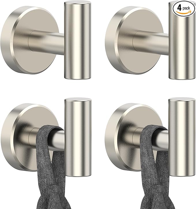 Brushed Nickel Towel Hook, Coat Robe Clothes Hook for Kitchen Garage Wall Mounted 4 Pack, 304 Stainless Steel, Heavy Duty Door Hanger, Cabinet Closet Wall Hook for Hotel Pool (Brushed Nickel)