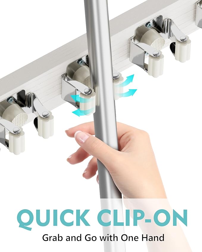 Mop and Broom Holder Wall Mount, No Drill Over the Door Broom and Mop Holder with 4 Slots and 2 Hooks, Wood Tool Hanger for Laundry, Cabinet, Kitchen, Garage