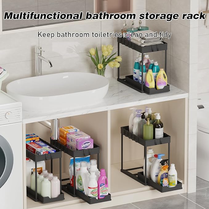 2 Pack Multi-Purpose Pull-Out Storage Organizers, Under Sink Organizers and Storage for Bathroom & Kitchen, Under Cabinet Organizers and storage, 12.8 Inch, Black-NeatNest