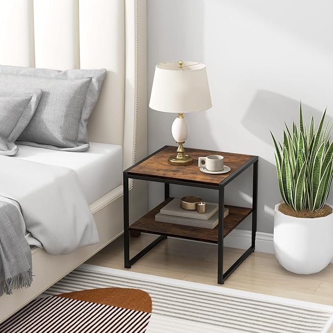 End Table Set of 2, Industrial 2-Tier Side Tables with Open Shelf, 20" Square Coffee Table with Heavy-Duty Metal Frame, Compact Tea Table Nightstand for Living Room, Bedroom, Hallway