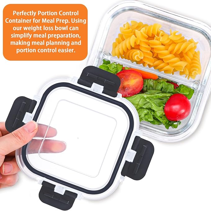 Bariatric Meal Prep Containers, 8 oz Glass Bariatric Portion Control Containers with Two 4 oz Compartments (3 Pack), Reusable Lunch Box Bento Box with Lids, Glass Snack Containers with Lids