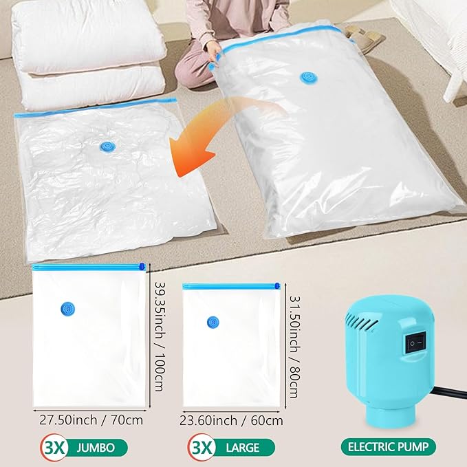 Morecoo Vacuum Seal Bags for Clothing, 6 Pack Vacuum Storage Bags (3 Jumbo/3 Large) with Electric Pump, Packing Cubes Compression Space Saver for Comforters, Blankets - Ideal for Travel-NeatNest