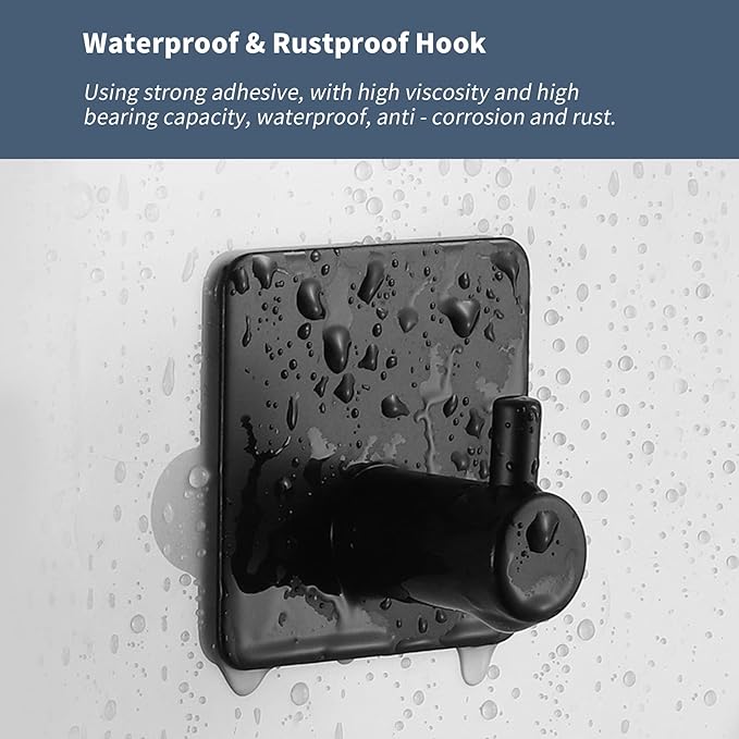Adhesive Hooks, Waterproof Adhesive Shower Hanger Hooks for Hanging Loofah, Sponge, Towels, Robes Stainless Steel Stick on Shower Hooks for Bathrom Black Removable Sticky Wall Hooks 4 Pcs