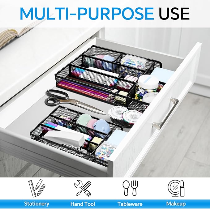 Desk Drawer Organizer, Office Drawer Divider Organizer Tray with 6 Compartments, Metal Mesh Desktop Organization and Accessories for Stationery Makeup Kitchen Toolroom School &Office, 12.6x8.27x1.6 in-NeatNest