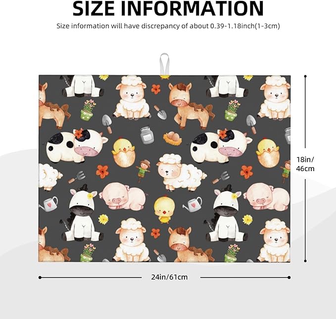 Farm Animal Dish Drying Mat 18 x 24 Inch for Kitchen Counter Cute Kitchen Mat Microfiber Kitchen Countertop Absorbent Reversible Drainer Rack Pad Dish Drying Mat