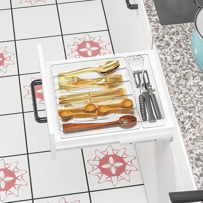 Clear Silverware Organizer for Kitchen Drawers,BPA Free Cutlery Drawer Organizer,6 Slots Plastic Utensils Organizer Suitable as In-Drawer Silverware Holder and Tray,Flatware,Knife,Fork,Spoon Organizer-NeatNest