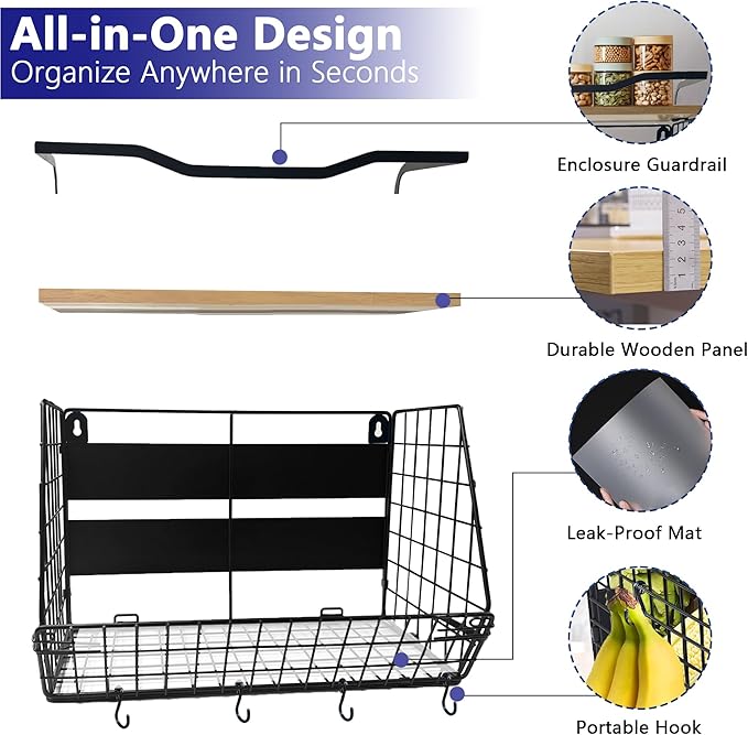 bealy Upgrade Strong Magnetic Shelf for Fridge with Wood Lid Top, XXL Large Capacity Magnetic Spice Rack for Fridge, Multifunction Kitchen Pantry Organizers and Storage, Fruit Potato Storage Basket-NeatNest