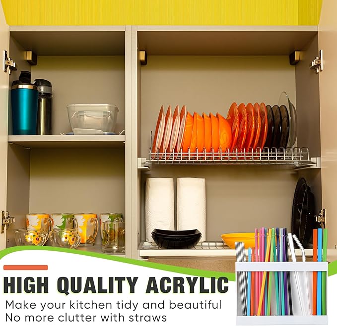 Acrylic Straw Holder for Cabinet Door with Double Sided Adhesive Tape Reusable Straw Organizer Tumbler Storage Kitchen Accessories Container for Counter Cupboard(Classic,Large,White)