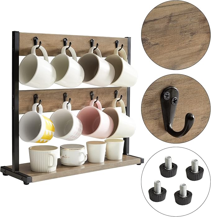 IBUYKE Wood Coffee Mug Holder for Countertop,16 Hook Mug Tree Holder Rack with Storage Base,Mug Display Organizer,Mug Holders for Home Kitchen,Greige UTBJ001Y-NeatNest