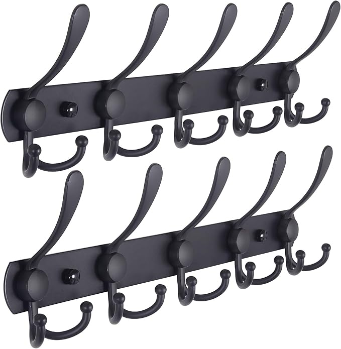 Dseap Coat Rack Wall Mounted - 5 Tri Hooks, Heavy Duty, Stainless Steel, Metal Coat Hook Rail for Coat Hat Towel Purse Robes Mudroom Bathroom Entryway (Black, 2 Packs)-NeatNest