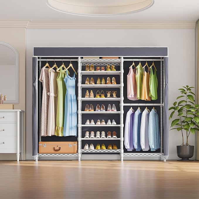 VIPEK S3C Heavy Duty Portable Closet, Adjustable Shoe Rack Wire Shelf, Large Wardrobe Organizer for Bedroom Storage, Freestanding Clothes Rack with Hanging Rod, Custom White Rack with Grey Cover-NeatNest