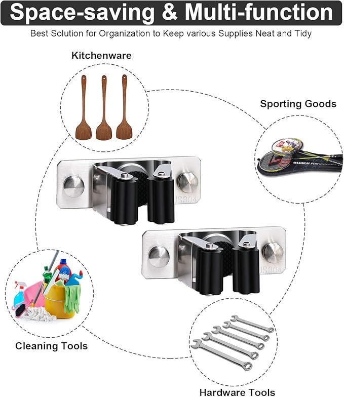 Mop and Broom Holder Wall Mount, 2PCS Heavy Duty Stainless Steel Broom Hanger Wall Mounted Broom Organizer Garage Organization Tool Organizer Storage for Laundry Room Home Garden Garage