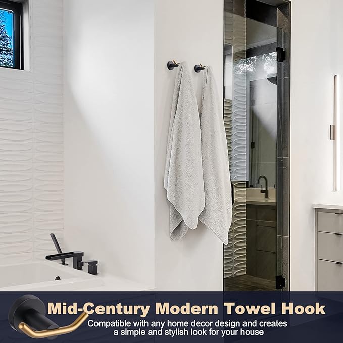 ARCORA Towel Hooks Black and Gold, SUS 304 Stainless Steel Wall Hooks, Heavy Duty Robe Hooks 1 Pack, Bathroom Towel Hooks for Wall