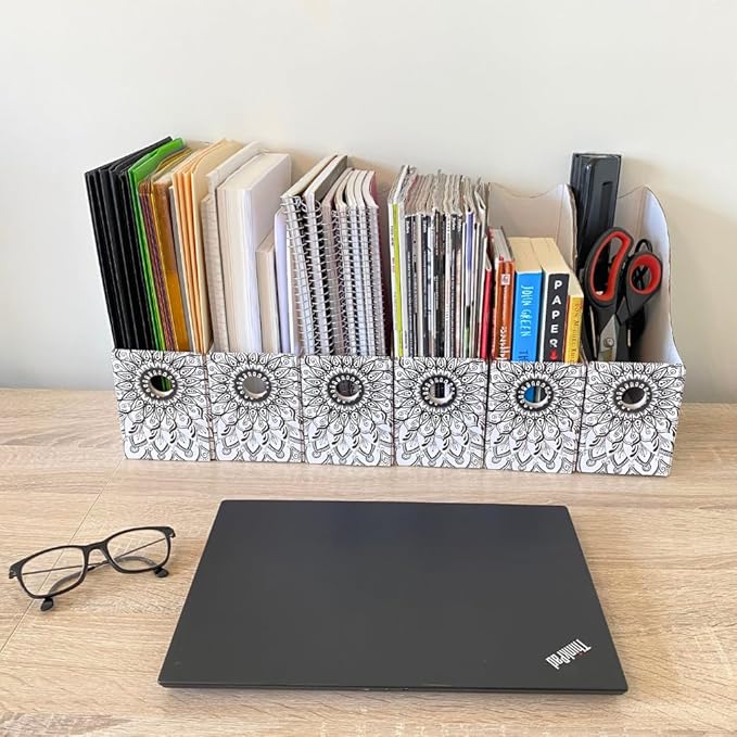 Evelots Magazine File Holder - Set of 6 Mandala - Office Desk Organizer - Sturdy Cardboard - New Upgraded Double Front Panel for More Stability - Full 4 Inch Wide - Easy Assemble