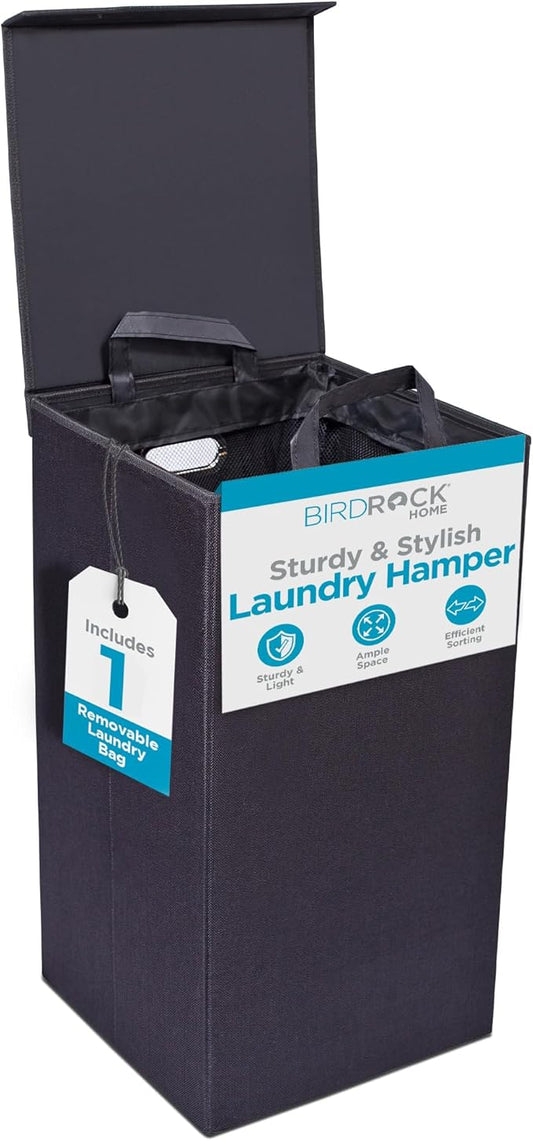 BirdRock Home Single Laundry Hamper with Lid and Removable Liner | Linen | Easily Transport Laundry | Foldable Hamper | Cut Out Handles-NeatNest