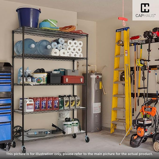 CAPHAUS NSF Commercial Grade Wire Shelving w/Wheels, Leveling Feet & Liners, Storage Metal Shelf, 36 x 18 x 76 5-Tier No Liner (RWW-CH36185HDW-BK@CH-CM)-NeatNest