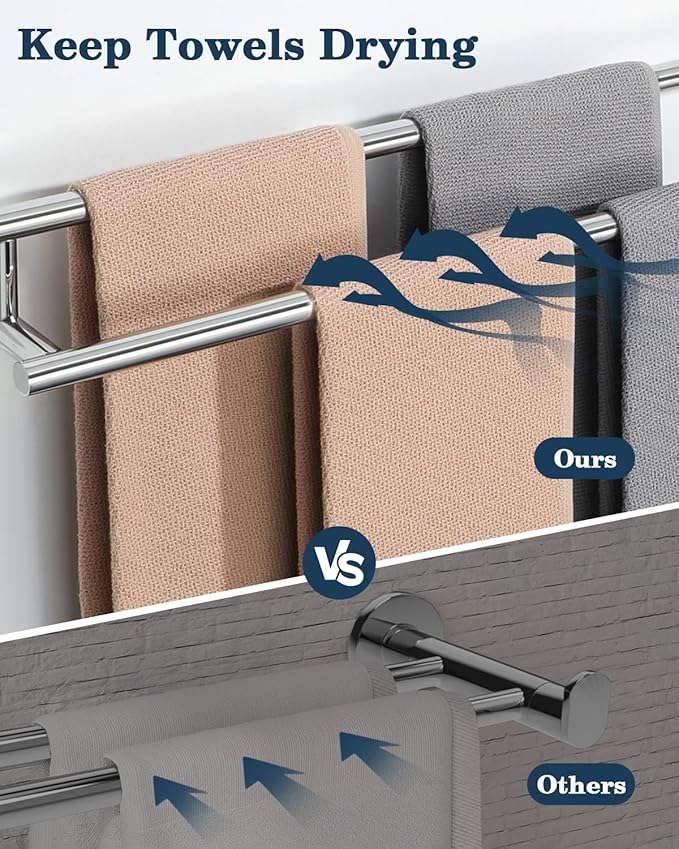 Alise Double Bath Towel Bars,24 Inch Towel Racks for Bathroom,SUS304 Stainless Steel Towel Holder,Towel Holder Wall Mount,Toilet Kitchen Towel Rod,Polished Chrome Towel Rail,GYT6902-C