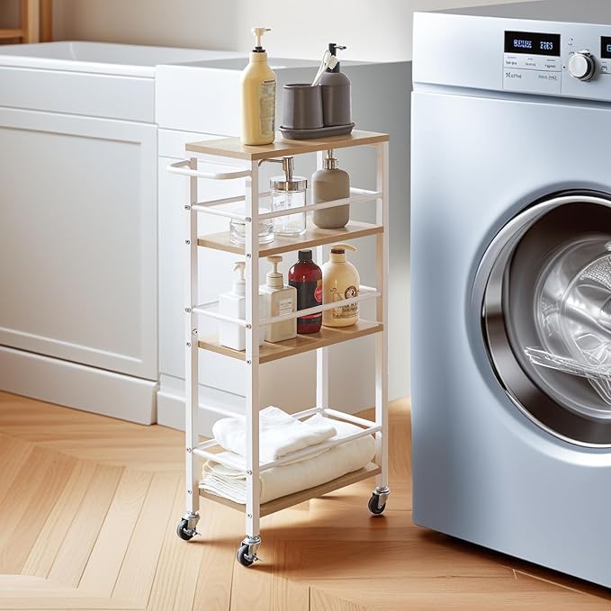 IBUYKE 7.8" Slim Rolling Cart,4 Tier Metal Kitchen Laundry Storage Cart,Industrial Narrow Utility cart,Trolley with Handle and Wooden Tabletop,for Kitchen, Living Room,Bathroom,Natural UTMJ065R
