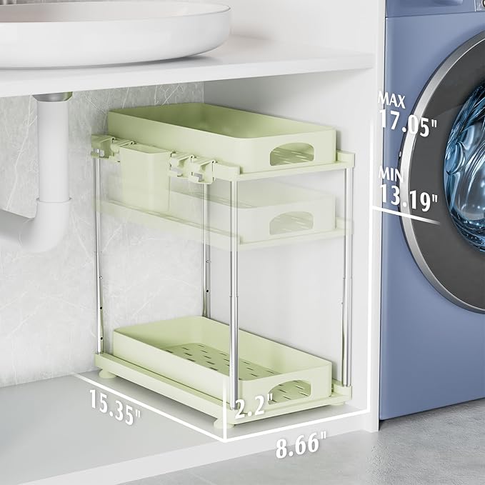 Under Sink Organizer, 2 Pack Under Kitchen Bathroom Cabinet Organizer, 2 Tier Under Bathroom Kitchen Sink Organizer, Adjustable Height Bathroom Kitchen Cabinet Organizers and Storage, Green-NeatNest