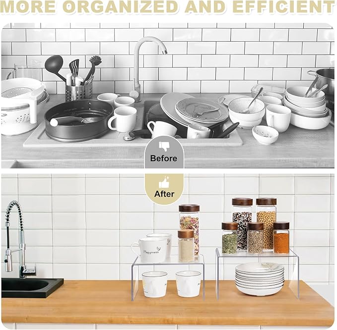 Acrylic Clear Kitchen Rack for Dishes, Spices Jars and Mugs, Kitchen Counter Cabinet Organizer, Clear Spice Rack Shelves, 5mm Thick, 2 Pack-NeatNest