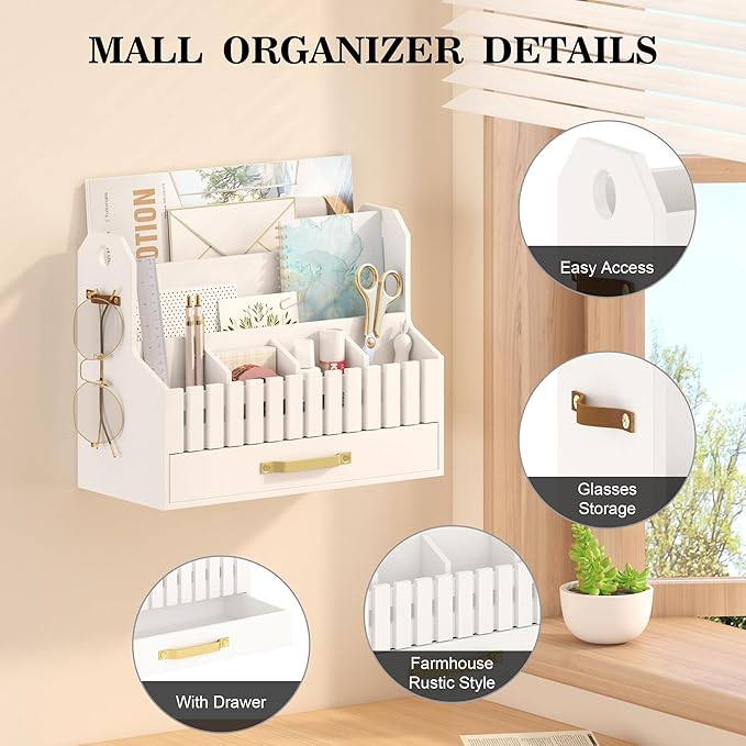 Bamboo Mail Organizer Countertop with Drawers, Wood Desk File Organizer Desktop Paper Organization Storage Bill & Letter Sorter Holder for School Home Office Supplies, No Assembly Required (White)-NeatNest