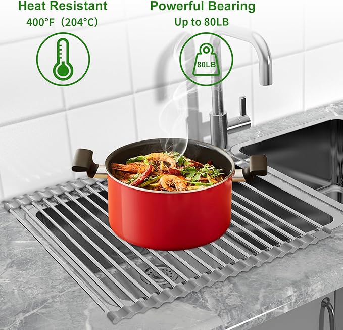 Dish Drying Rack Expandable Up to 23.6", Roll Up Over The Sink Dish Drying Rack, Extra Large Stainless Steel Multipurpose Kitchen Sink Drainer - 23.6"(L) x 15.7"(W)