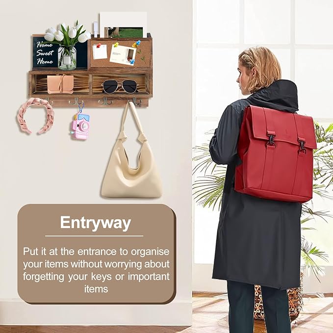 comfoyar Key Holder for Wall, Mail Organizer Wall Mount with Cork Board Bulletin Board, Key Rack with 4 Double Key Hooks and Shelf Storage, Dog Leash Holder for Entryway Rustic Home Decor, Brown