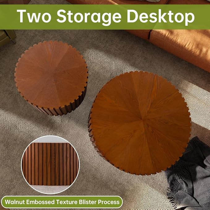 Round Nesting Coffee Table Modern Fluted Coffee Table Set of 2 Stripe Round Coffee Tables Circle Drum Coffee Tables for Living Room (Walnut Small)