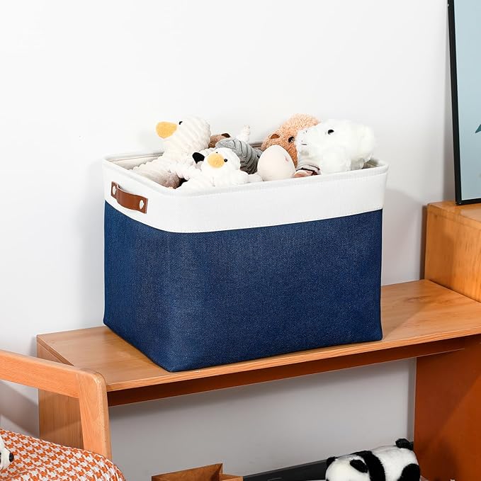 DULLEMELO Large Storage Baskets, Fabric Storage Bins for Organizing Foldable Linen Shelf Baskets for Clothes, Toys, Closet, Laundry (White&Blue,16"x12"x12"-1 Pack)-NeatNest