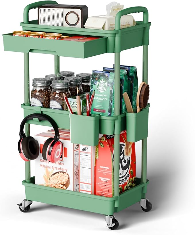 3 Tier Rolling Cart Organizer,Laundry Room Bathroom Organizers and Storage Office Shelves Mobile Shelving Unit Kitchen Trolley Cart with Wheels for Art,Craft,Diaper,Bedside,Snack(Green)-NeatNest