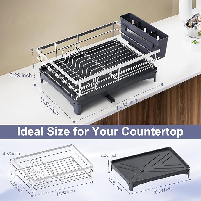Stainless Steel Kitchen Counter Dish Drying Rack with Drainer and Cutlery Holder, 16.5" D x 11.8" W x 6.29" H