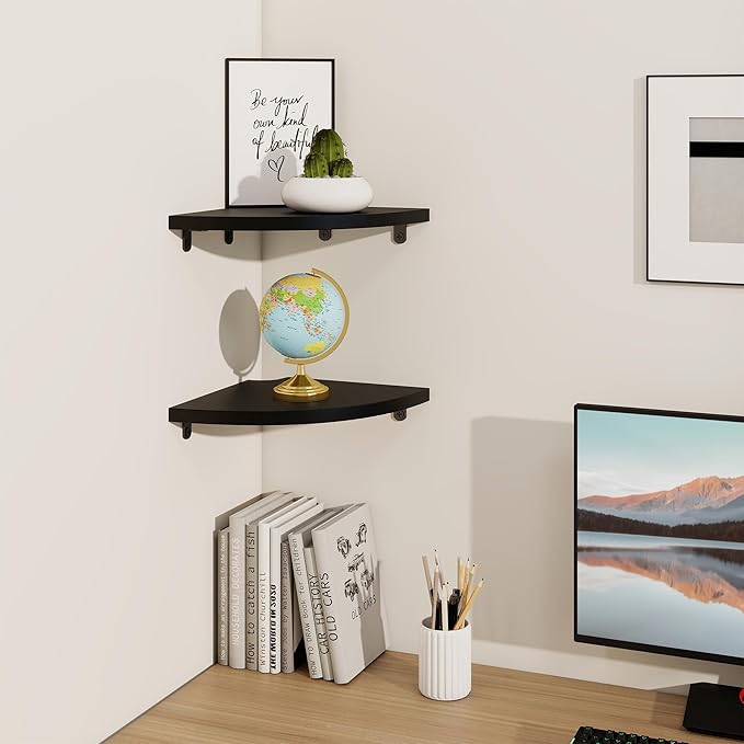 Fun Memories Corner Shelf Wall Mount Set of 2 - Solid Oak Wood Floating Corner Shelf with Cable Hole, 8.5in Rustic Design for Bedroom, Living Room, Kitchen (Black)-NeatNest