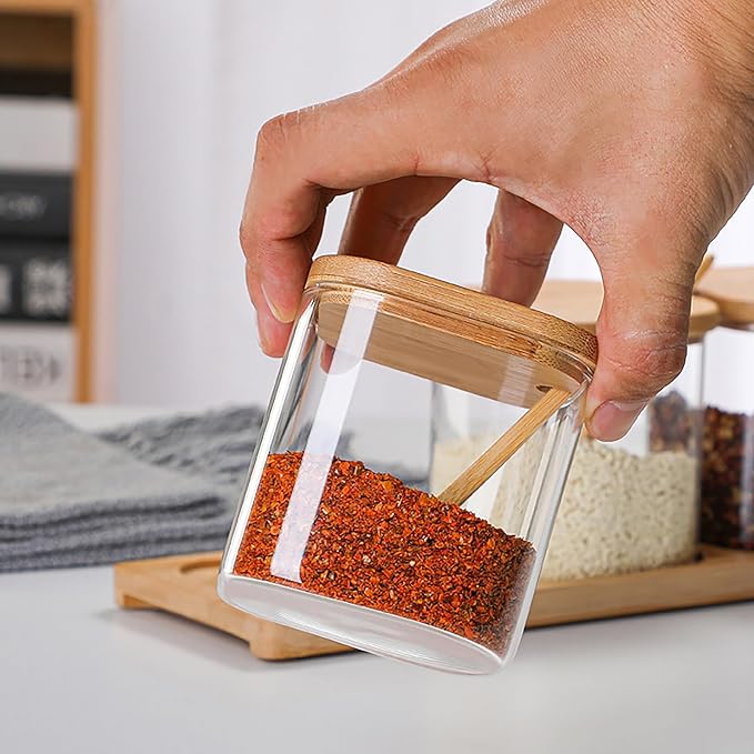 FANTESTICRYAN Glass Condiment Canister Pots with Bamboo Lids and Spoons, Kitchen Condiment Canisters, Set of 2 (Square)
