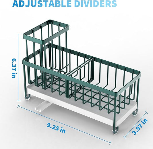 Cisily Sponge Holder for Kitchen Sink, Sink Caddy Organizer with High Brush Holder, Countertop Organizers and Storage Rustproof 304 Stainless Steel, Dark Green Kitchen Decor and Accessories-NeatNest
