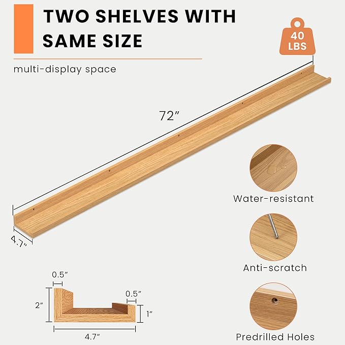 Heimlove Picture Ledge Shelf, Floating Shelves Set of 2, 72 Inches Long Large Picture Shelf for Wall with Ledge, Kids Bookshelf Wall Mounted for Living Room Bedroom Decor Books Photo Frames, Oak-NeatNest