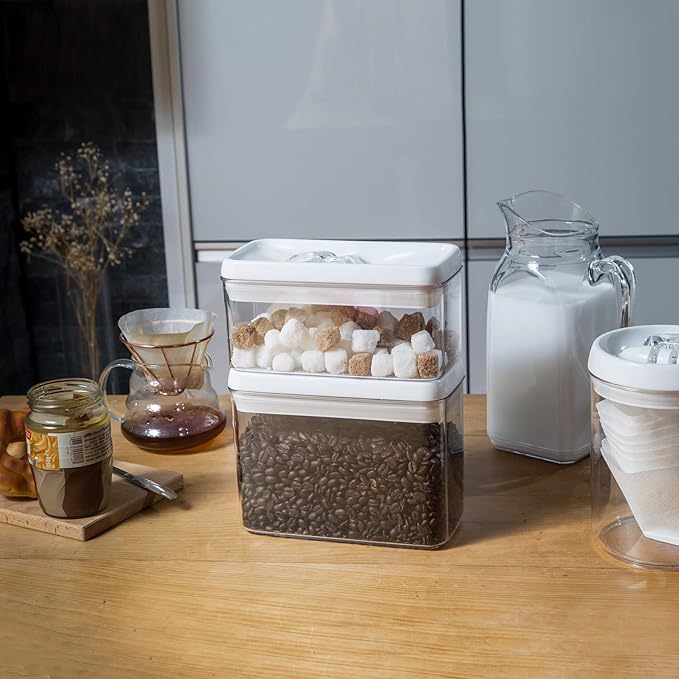 Felli Flip Tite Storage Container with Lid 4” RECTANGULAR Airtight Ring Flip Top, Stackable Kitchen Counter Pantry Organizer Acrylic Canister Jar for Pasta Spaghetti Cereal Granola Coffee (1.9qt)-NeatNest