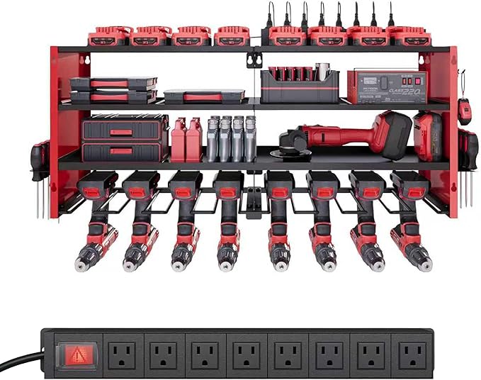 4 Layers Power Tool Organizer Wall Mount with Power Strip, Heavy Duty Metal Shelf, 400lbs Capacity for Cordless Drills, Batteries & Garage Storage (8 Slots with 8 Outlets Power Strip)