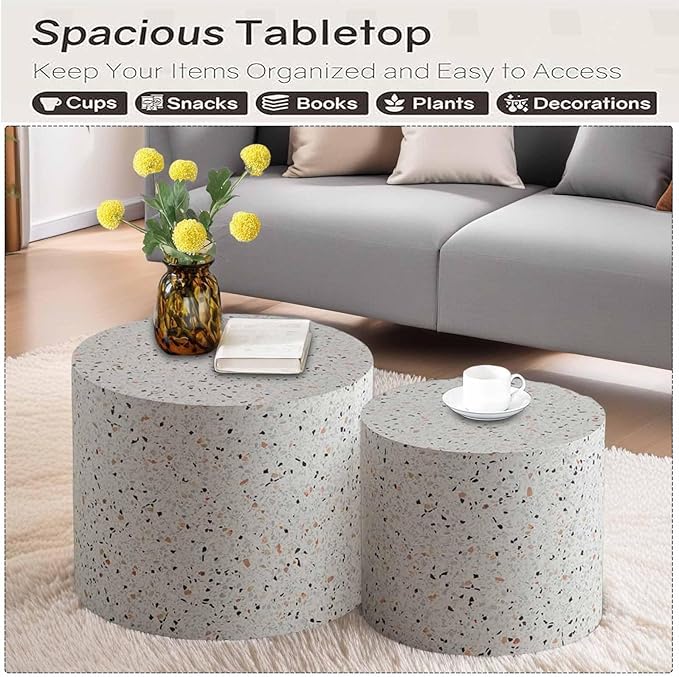 Modern Round Wooden Nesting Circle Coffee Table Set of 2 with Non-Slip Feet, Accent Side End Table, Saving Space Design and No Need Assembly,A