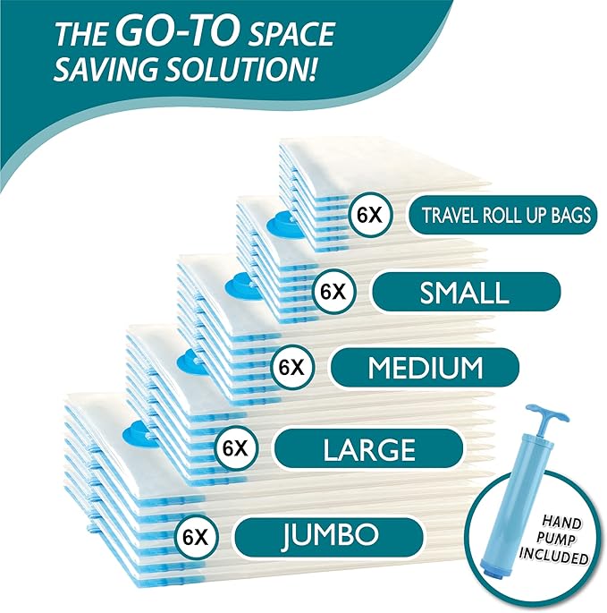 30 Pack Vacuum Storage Bags, Space Saver Vacuum Storage Bags, Vacuum Seal Bags for Clothing, Clothes, Comforters and Blankets, Hand Pump Included-NeatNest