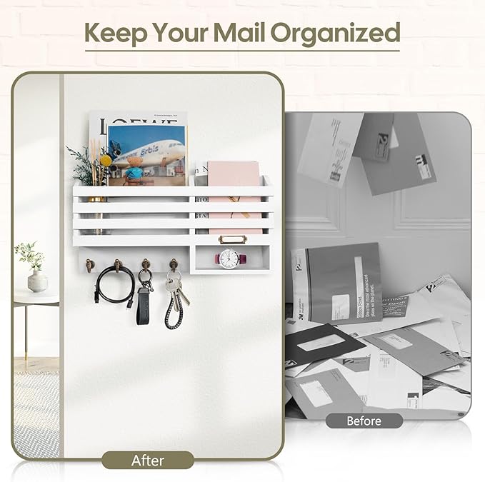 FifthQuarter Key Holder for Wall: Easy Mounted Key Rack and Mail Organizer with Store Shelf and Four Sturdy Keys Hooks Decor in Kitchen|Farmhouse|Entryway|Mudroom (White)